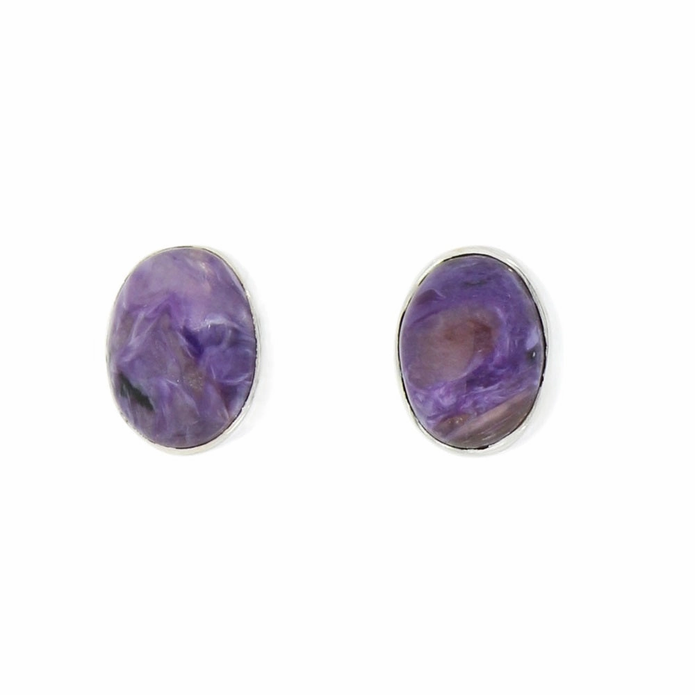 Charoite Sterling Silver Oval Stud Earrings