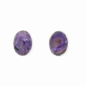 Charoite Sterling Silver Oval Stud Earrings