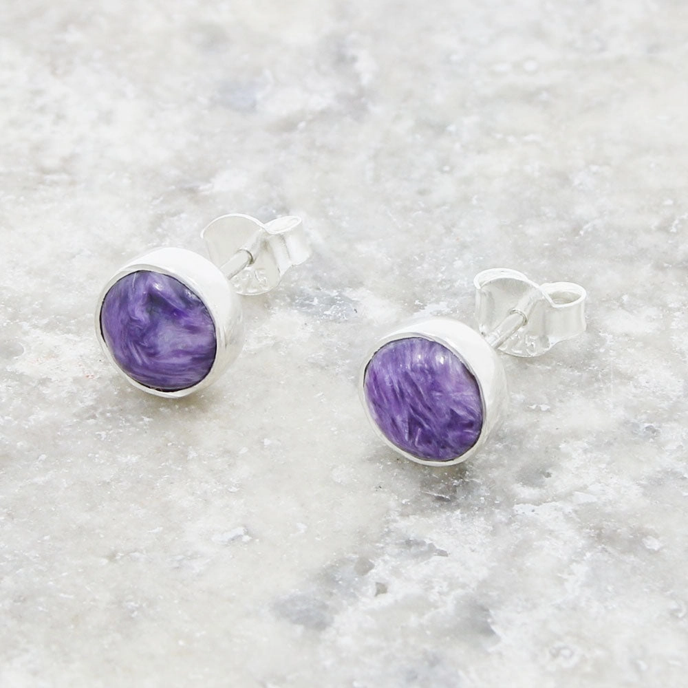 Charoite Sterling Silver Round Stud Earrings