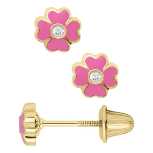 Children's 14k Pink Enamel Flower Stud Earrings