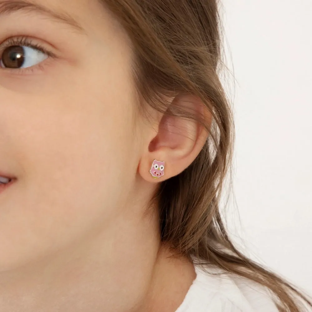 Children's Sterling Silver Owl Enamel Stud Earrings