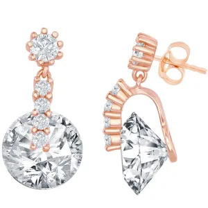 Classic Women's Earrings - Rose Gold Plated Round Shape Spinning White CZ | D-7628-RG