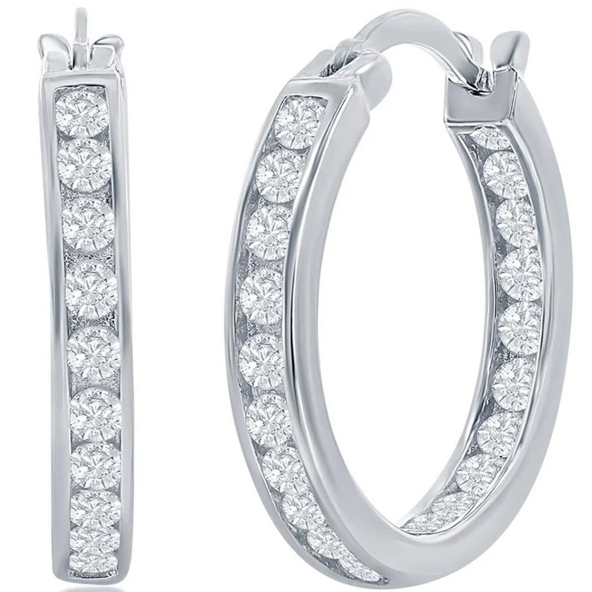 Classic Women's Earrings - Silver 20mm Inside Outside Channel Set CZ Hoop | D-3494