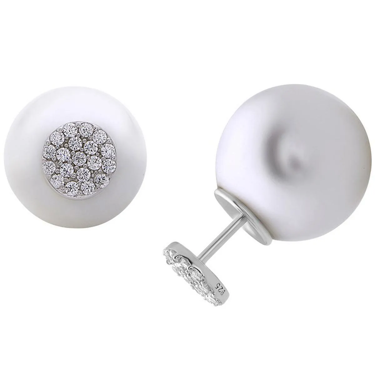 Classic Women's Earrings - Sterling Silver CZ Disc Front with Pearl Back | D-5667