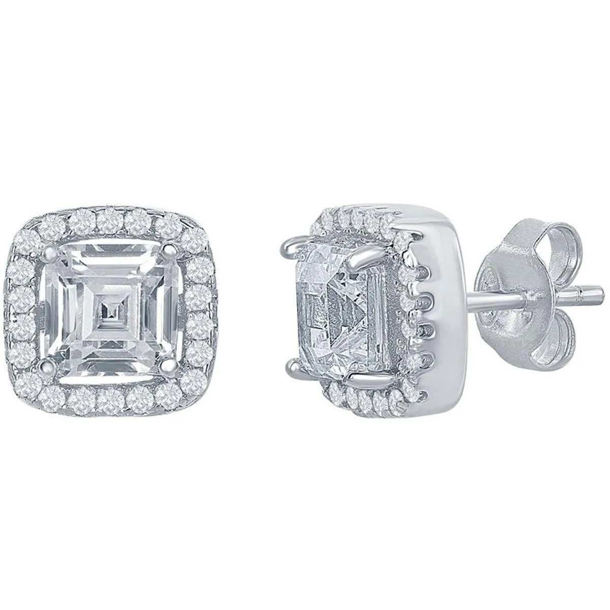 Classic Women's Earrings - Sterling Silver Double Square CZ Post Back Closure | D-7004