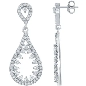Classic Women's Earrings - Sterling Silver Open Teardrop with White CZ Center | D-6387