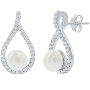 Classic Women's Earrings - Sterling Silver Pearshaped CZ with Round Pearl | D-7322