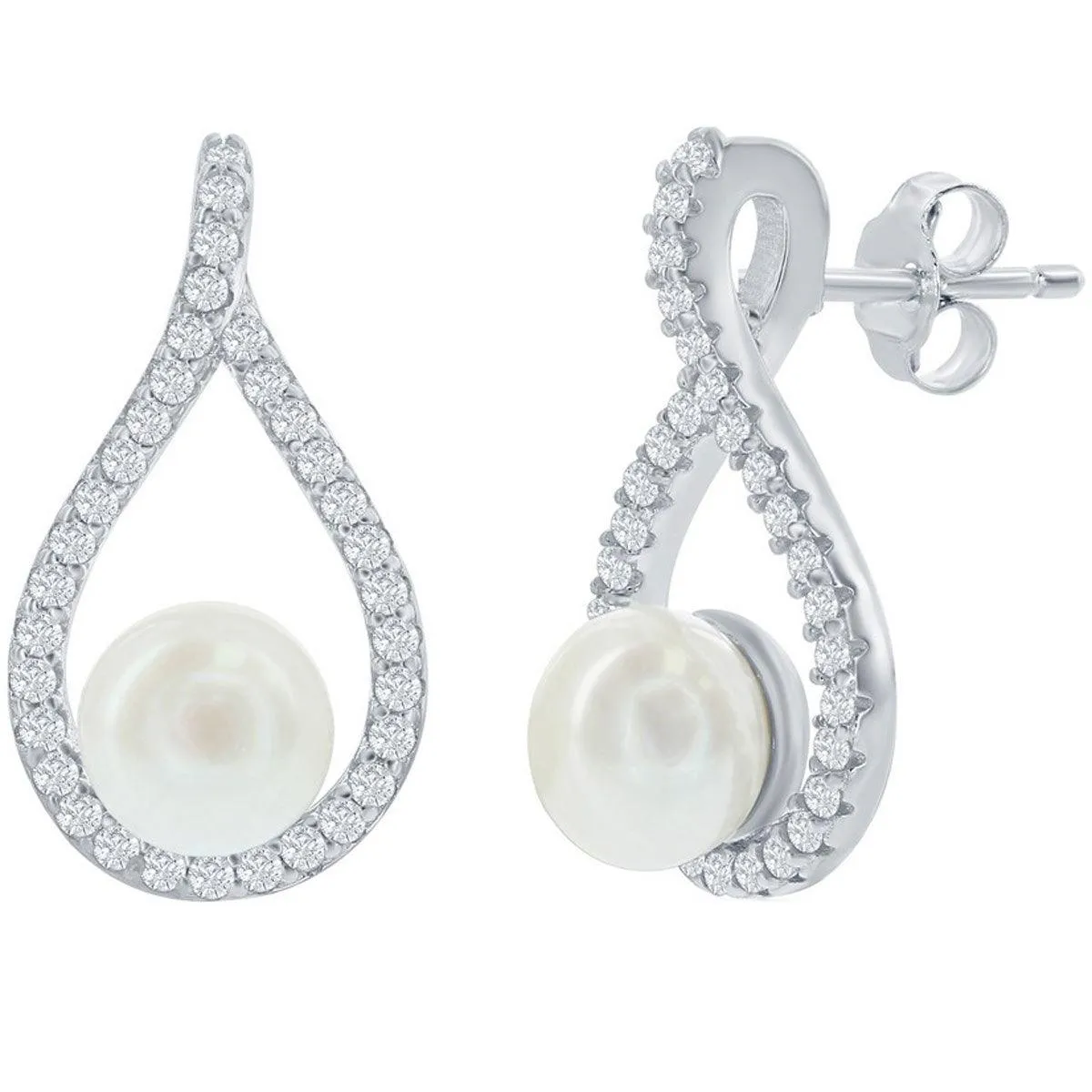 Classic Women's Earrings - Sterling Silver Pearshaped CZ with Round Pearl | D-7322