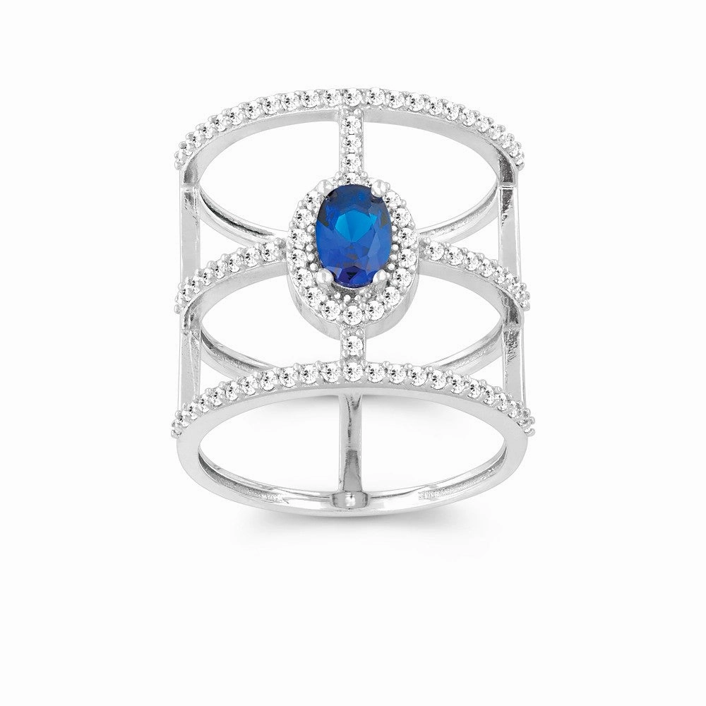 Classic Women's Triple Row with Blue Oval CZ Ring - W-9957