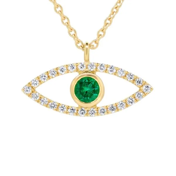 Collier or jaune serti d'une emeraude de synthse et de diamants.