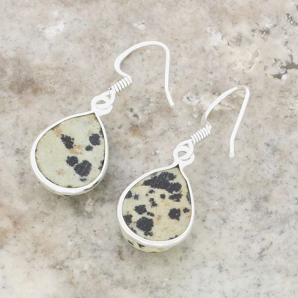 Dalmatian Jasper Sterling Silver Pear Shape Drop Earrings