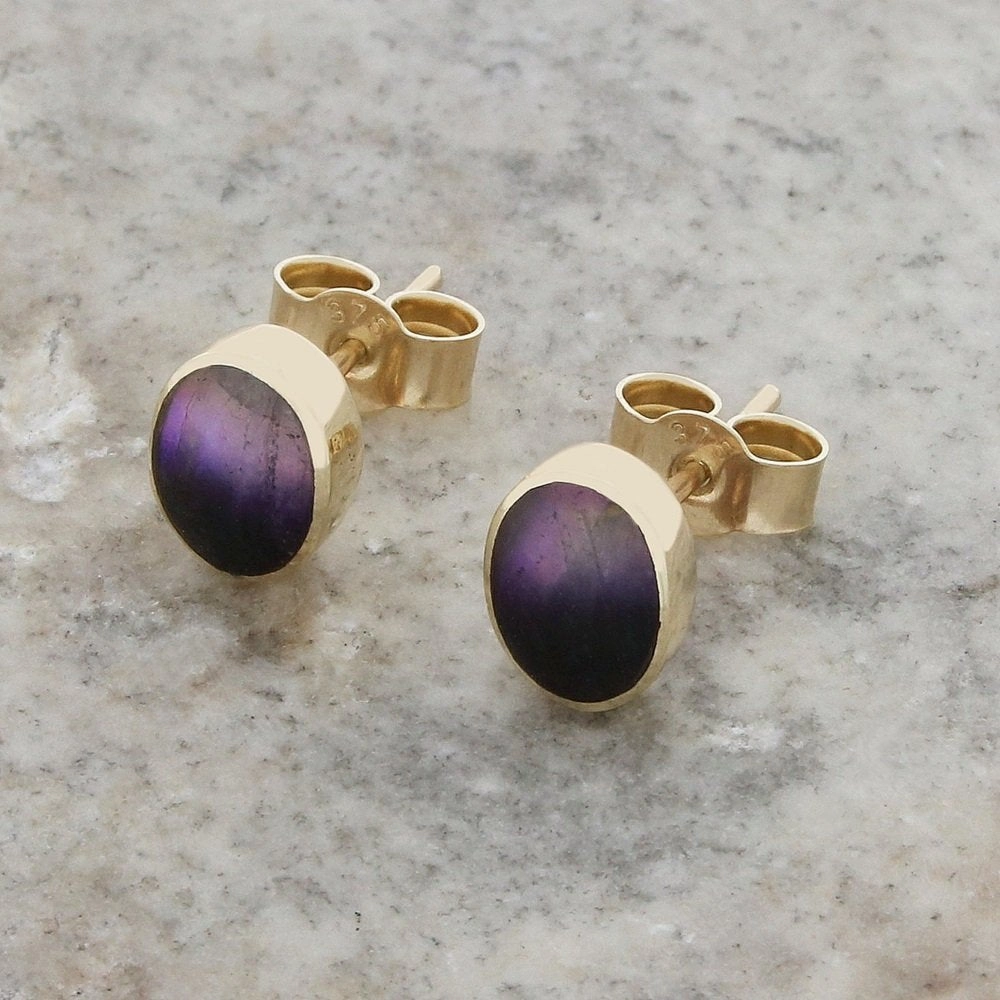 Derbyshire Blue John 9ct Yellow Gold Oval Stud Earrings