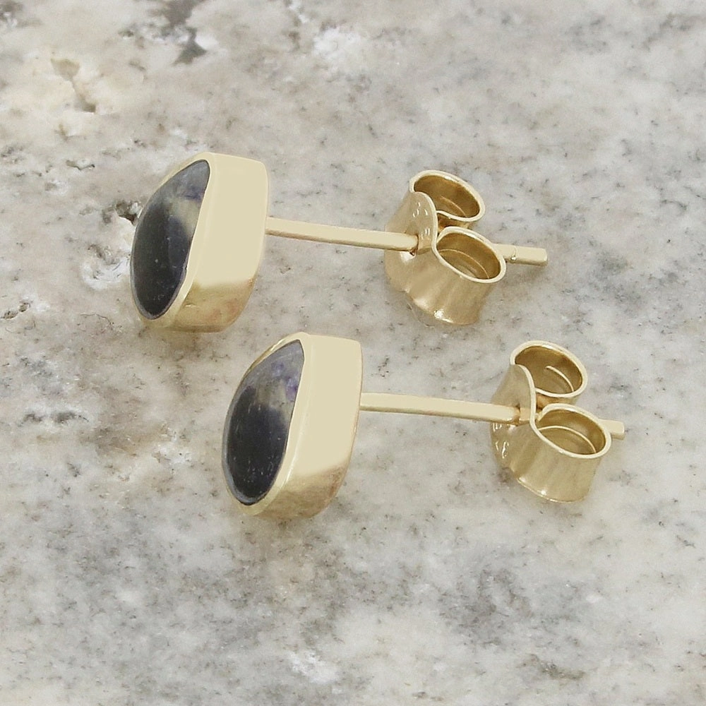 Derbyshire Blue John 9ct Yellow Gold Pear Shape Stud Earrings