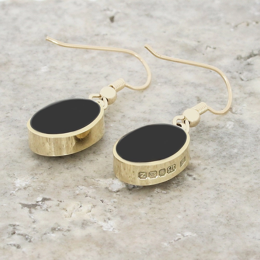 Derbyshire Blue John and Jet 9ct Yellow Gold Oval Reversible Drop Earrings
