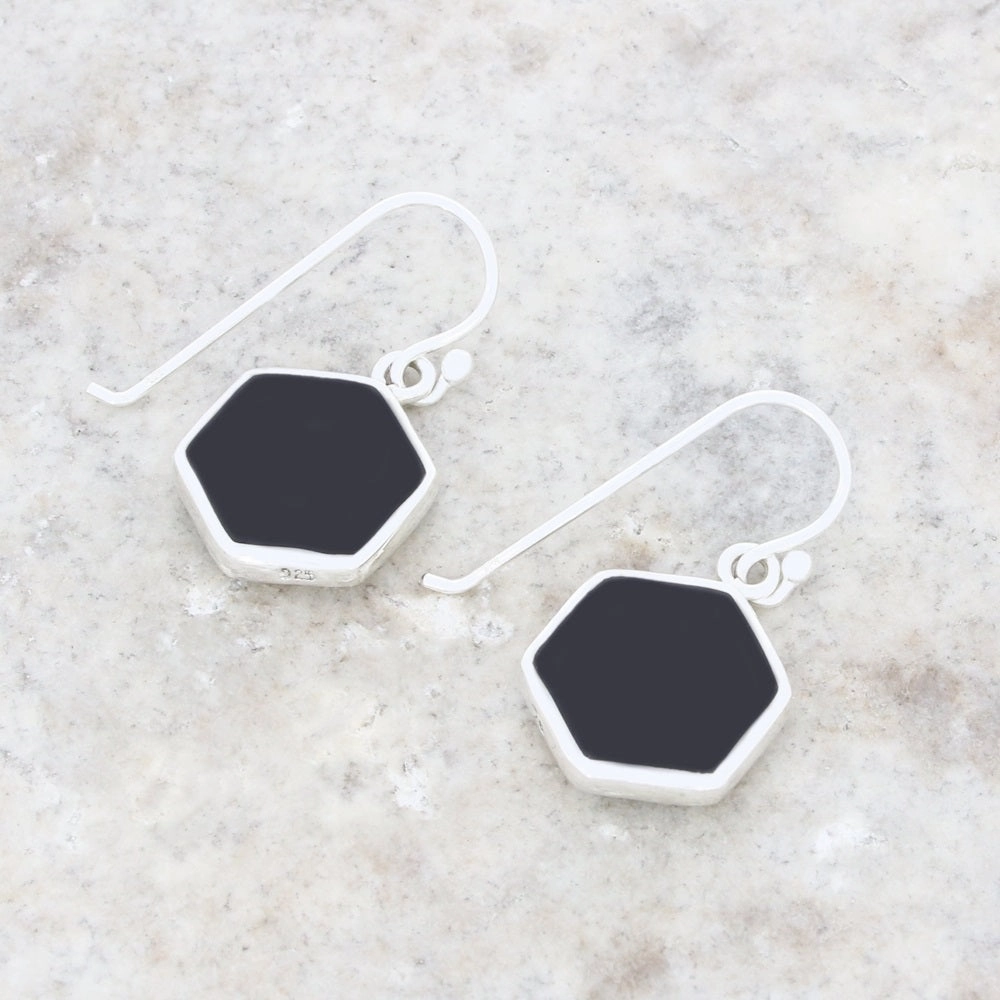 Derbyshire Blue John and Whitby Jet Sterling Silver Hexagonal Drop Earrings