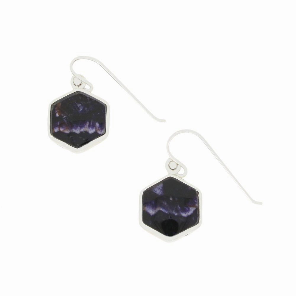 Derbyshire Blue John and Whitby Jet Sterling Silver Hexagonal Drop Earrings