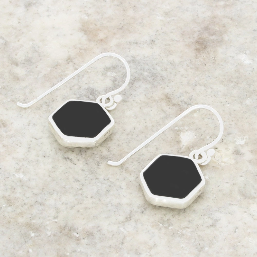 Derbyshire Blue John and Whitby Jet Sterling Silver Hexagonal Drop Earrings