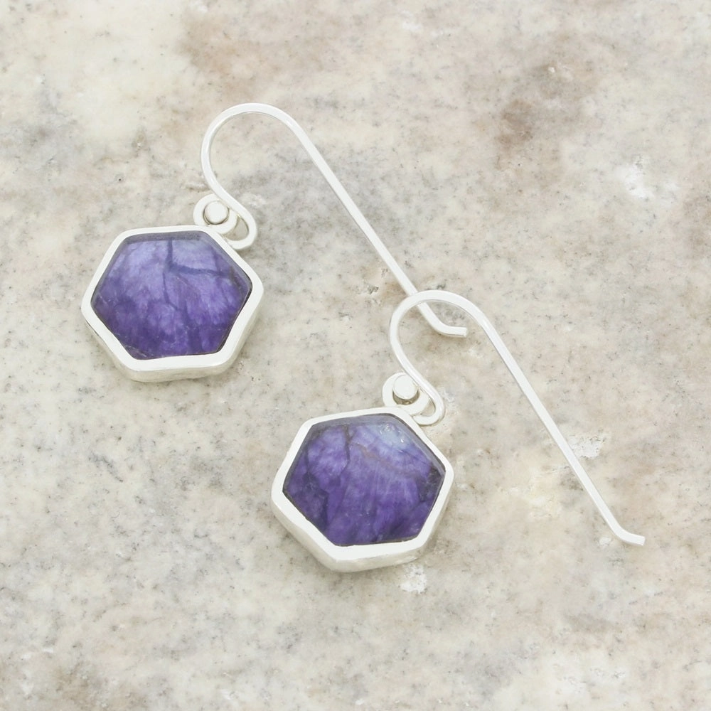 Derbyshire Blue John and Whitby Jet Sterling Silver Hexagonal Drop Earrings
