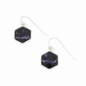 Derbyshire Blue John and Whitby Jet Sterling Silver Hexagonal Drop Earrings