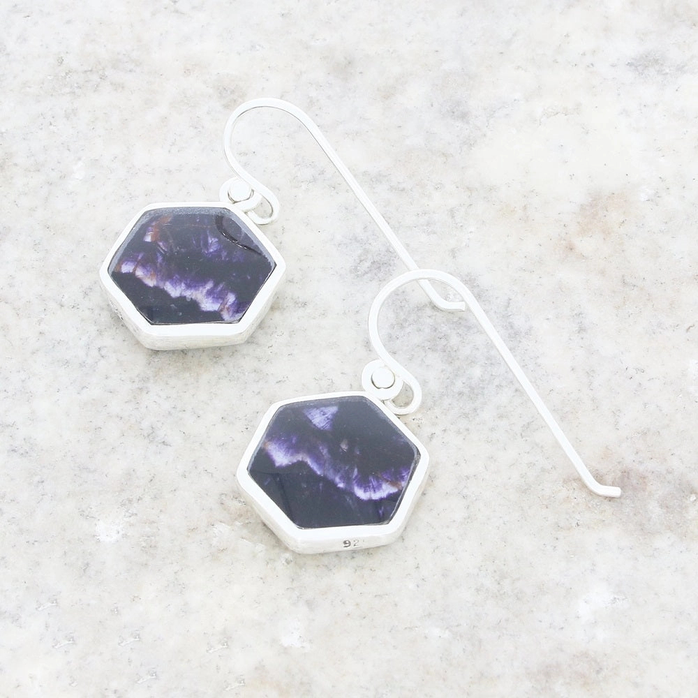 Derbyshire Blue John and Whitby Jet Sterling Silver Hexagonal Drop Earrings