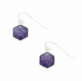 Derbyshire Blue John and Whitby Jet Sterling Silver Hexagonal Drop Earrings