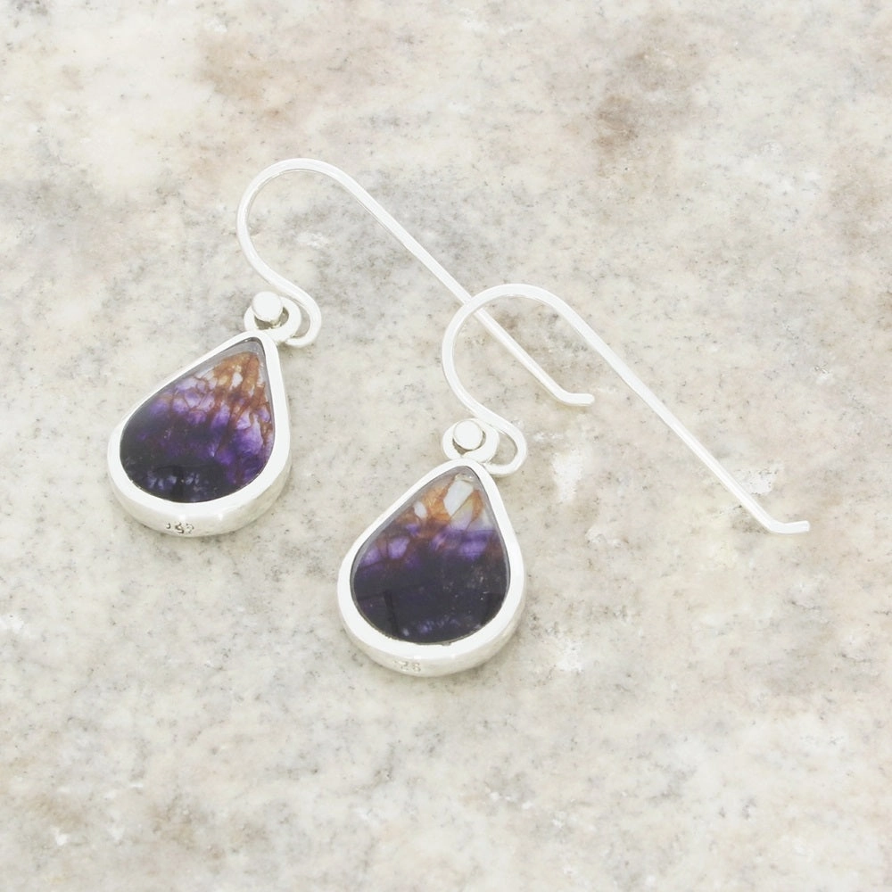 Derbyshire Blue John and Whitby Jet Sterling Silver Pear Shape Drop Earrings