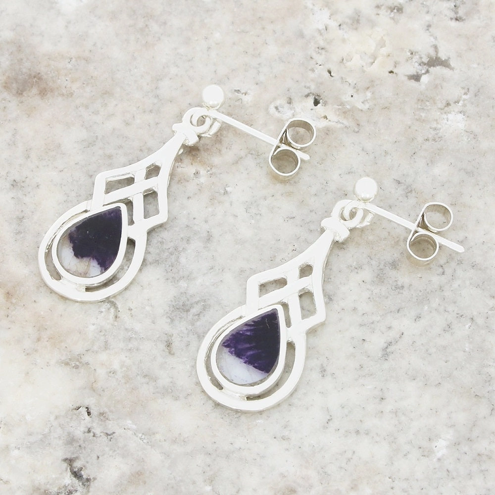 Derbyshire Blue John Sterling Silver Pear Shape Celtic Drop Earrings