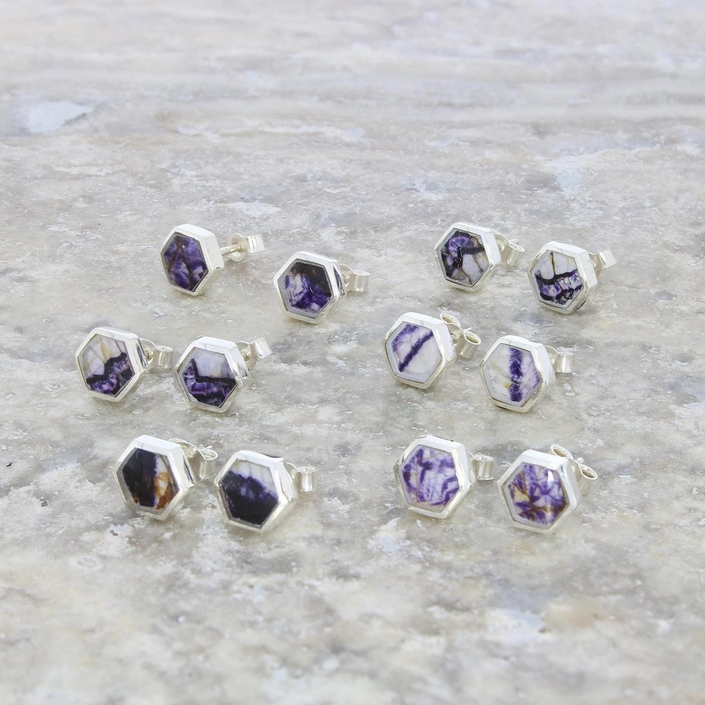 Derbyshire Blue John Sterling Silver Small Hexagonal Stud Earrings