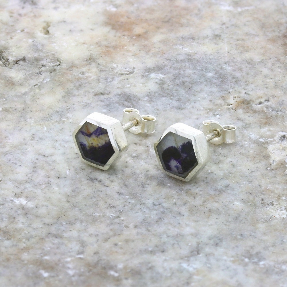Derbyshire Blue John Sterling Silver Small Hexagonal Stud Earrings