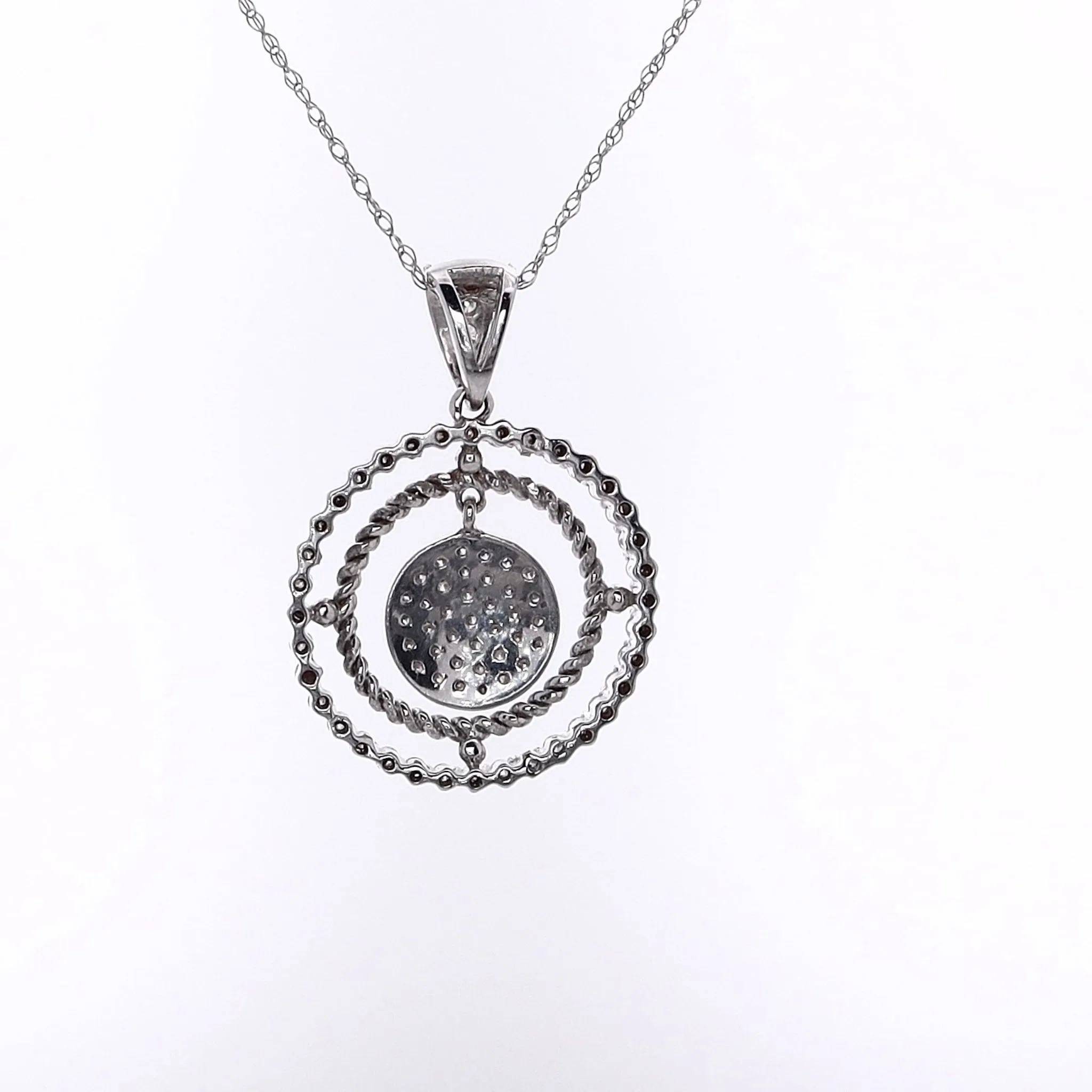 Estate 14 Karat White Gold Triple Circle Diamond Pendant Necklace