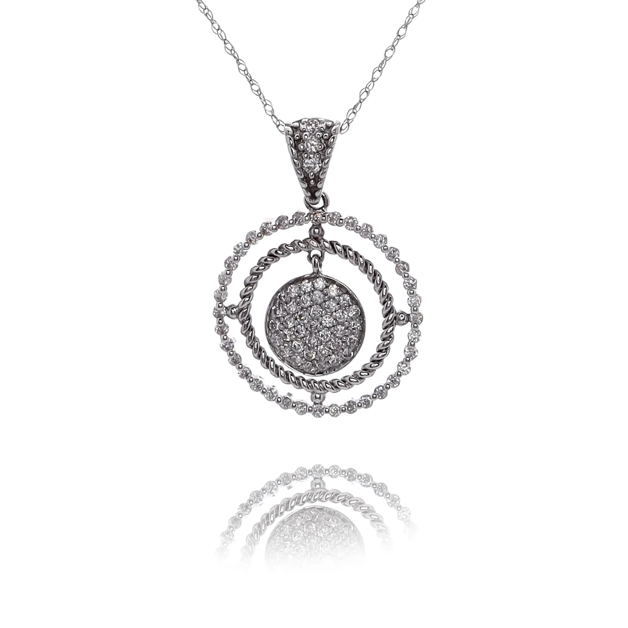 Estate 14 Karat White Gold Triple Circle Diamond Pendant Necklace
