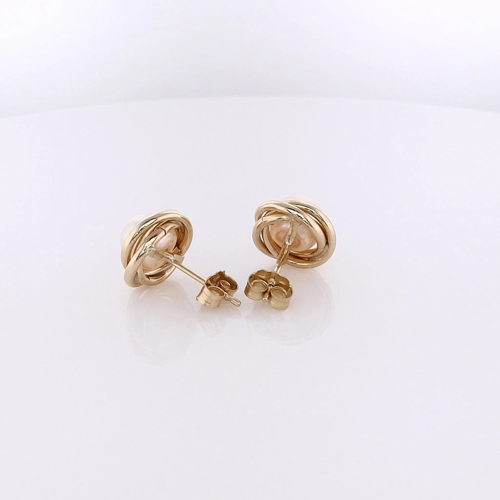 Estate 14 Karat Yellow Gold Akoya Pearl Earrings With Love Knot Border