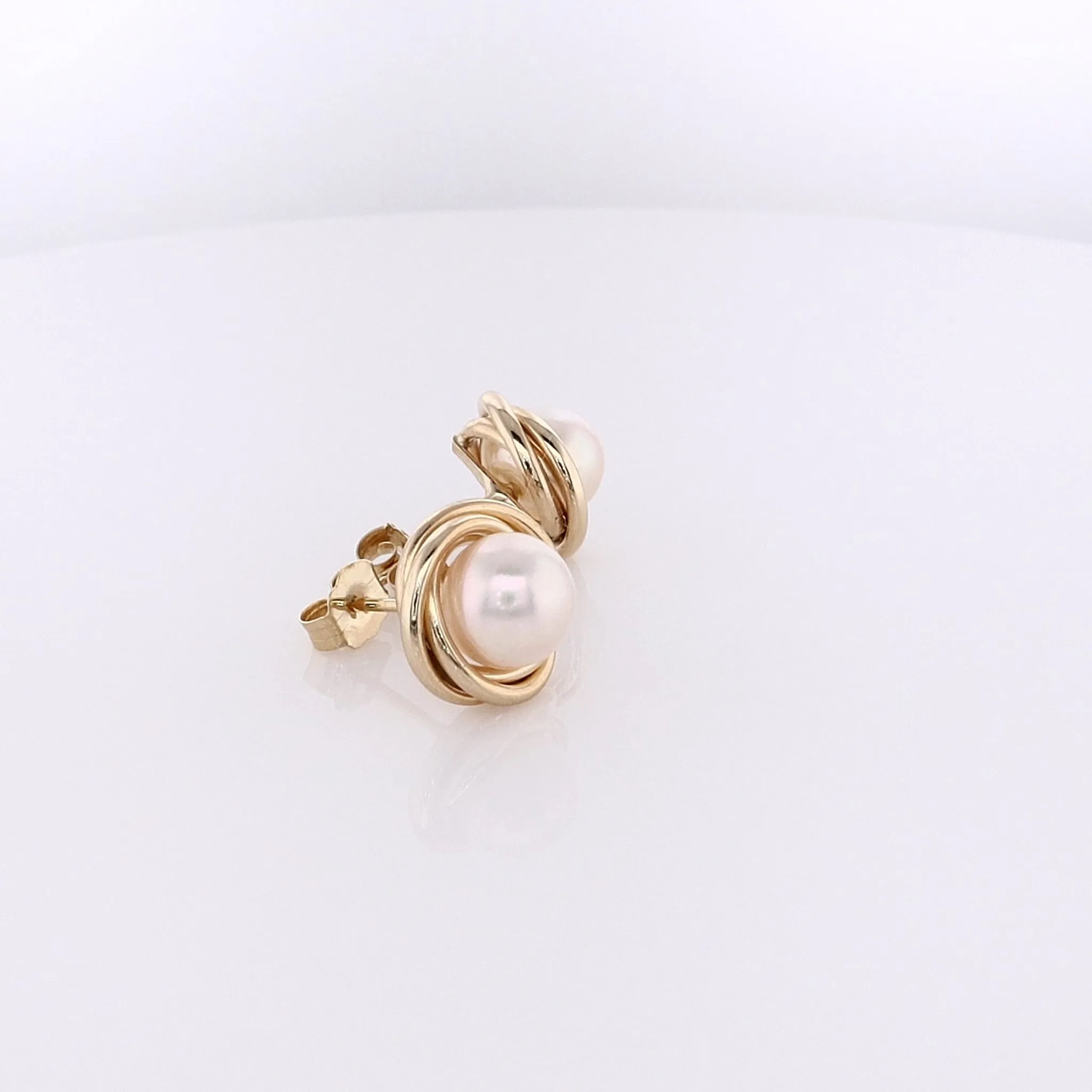 Estate 14 Karat Yellow Gold Akoya Pearl Earrings With Love Knot Border