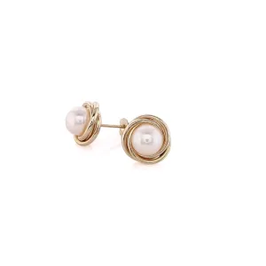 Estate 14 Karat Yellow Gold Akoya Pearl Earrings With Love Knot Border