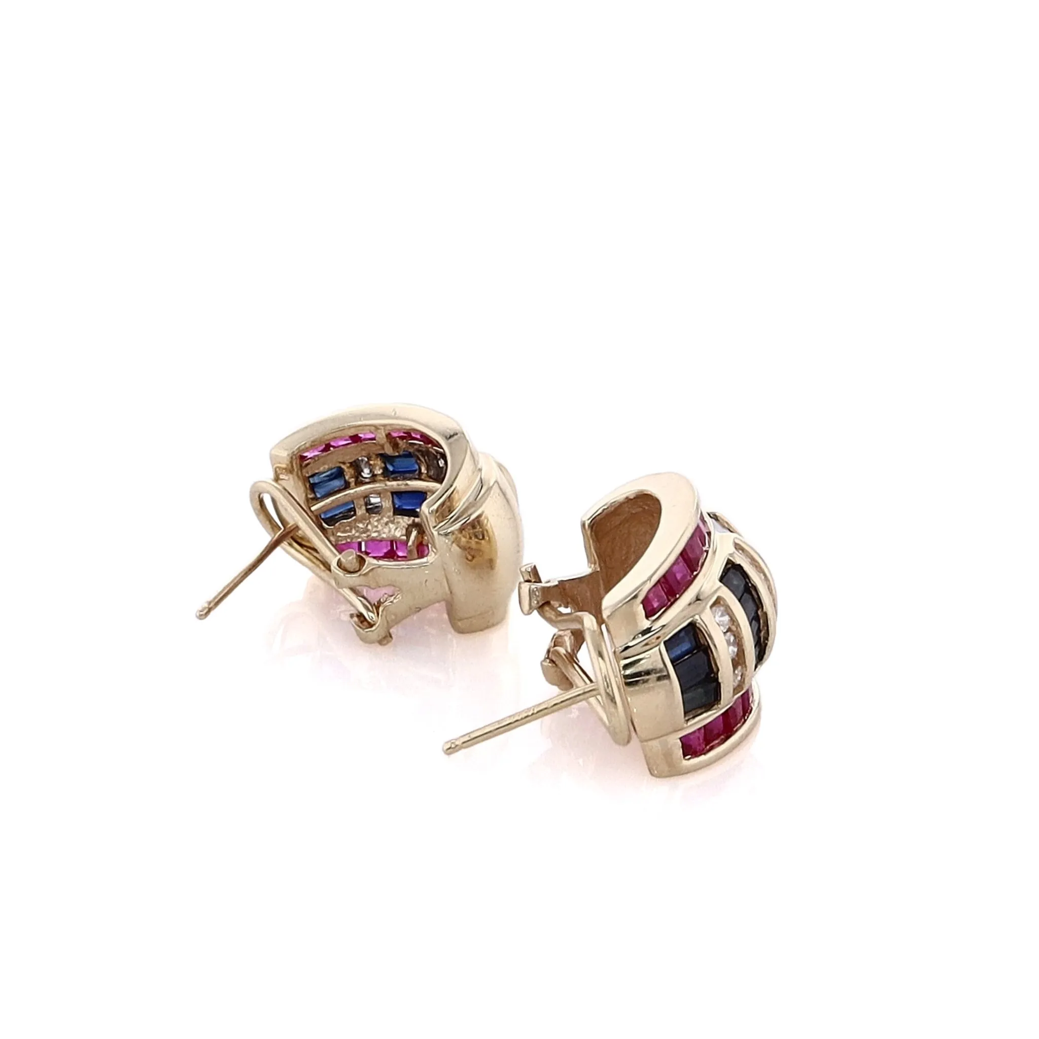 Estate 14 Karat Yellow Gold Sapphire, Ruby and Diamond Stud Earrings