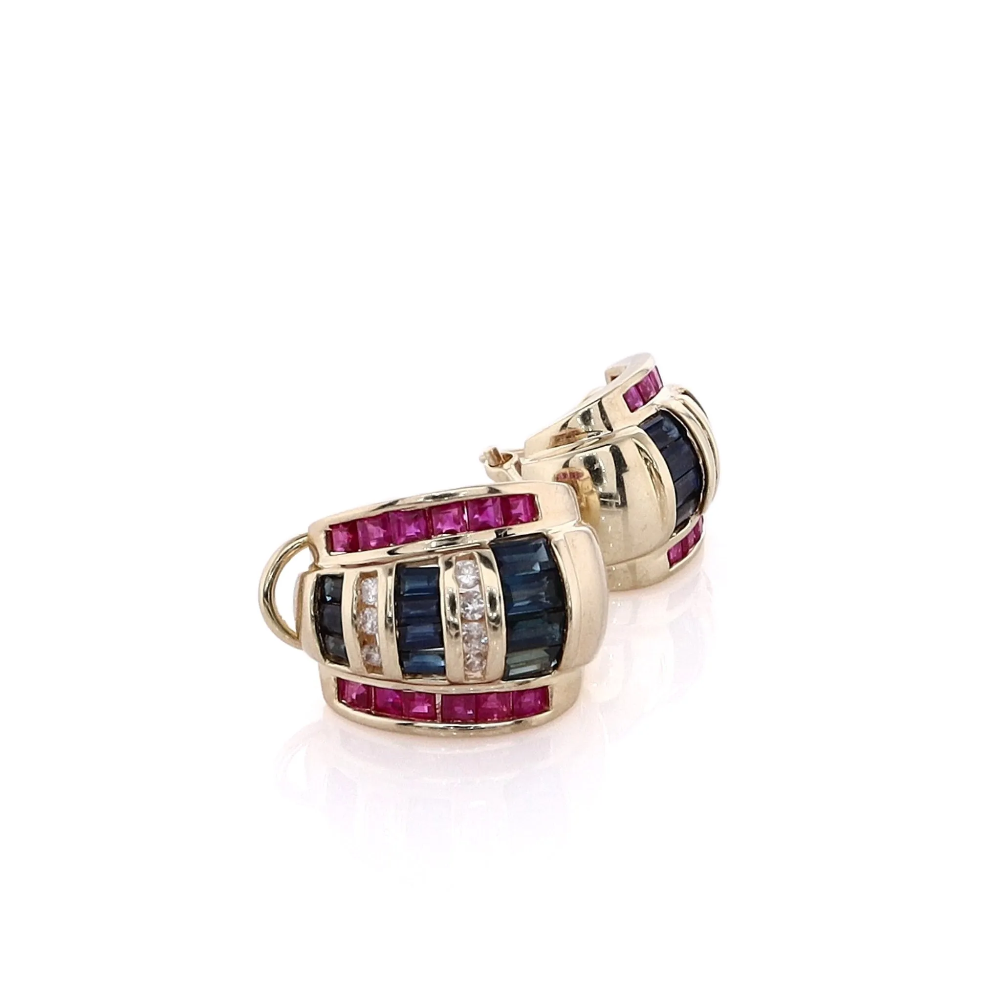 Estate 14 Karat Yellow Gold Sapphire, Ruby and Diamond Stud Earrings