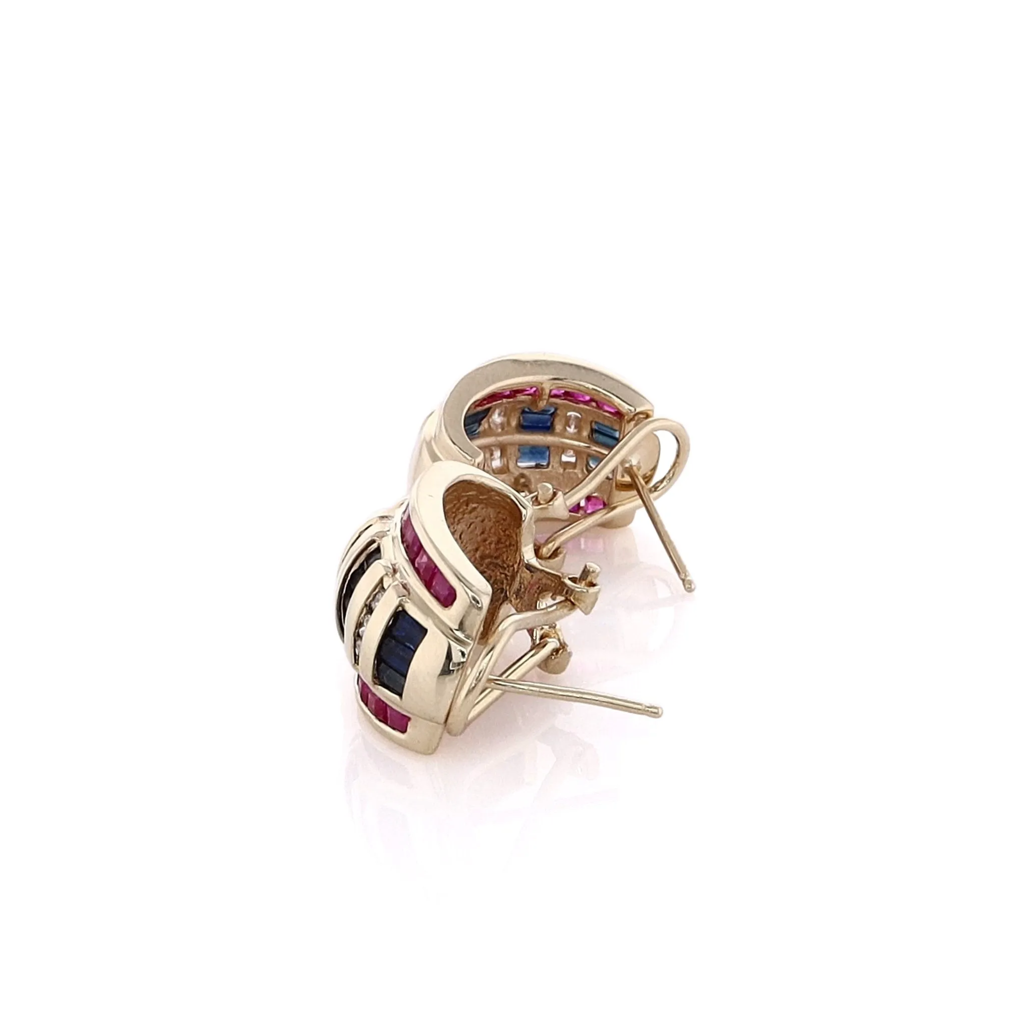 Estate 14 Karat Yellow Gold Sapphire, Ruby and Diamond Stud Earrings