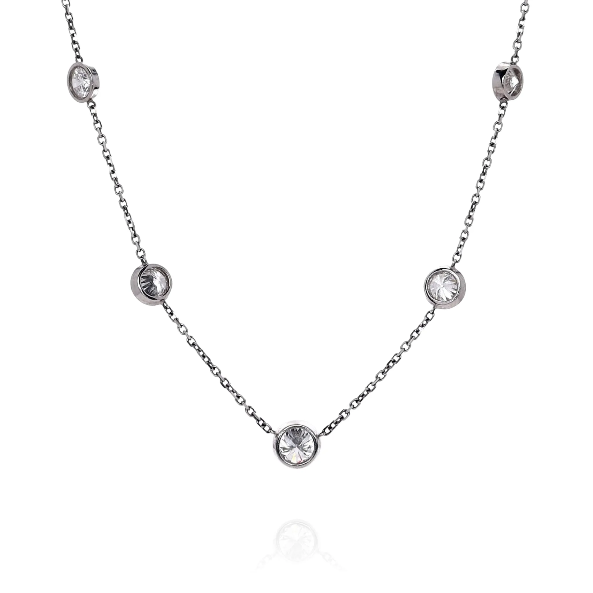 Estate 14k White Gold Graduated 5 Diamond Bezel Station Necklace