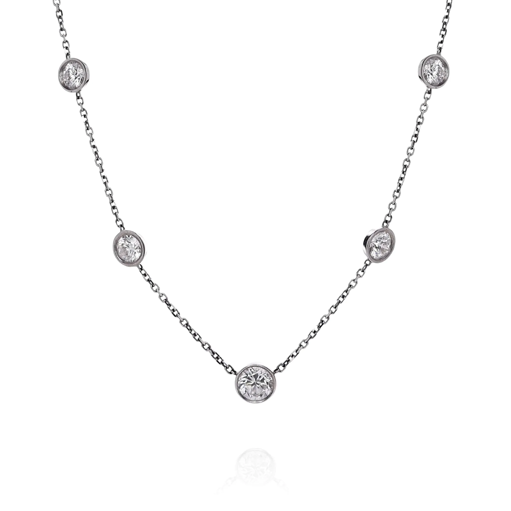 Estate 14k White Gold Graduated 5 Diamond Bezel Station Necklace