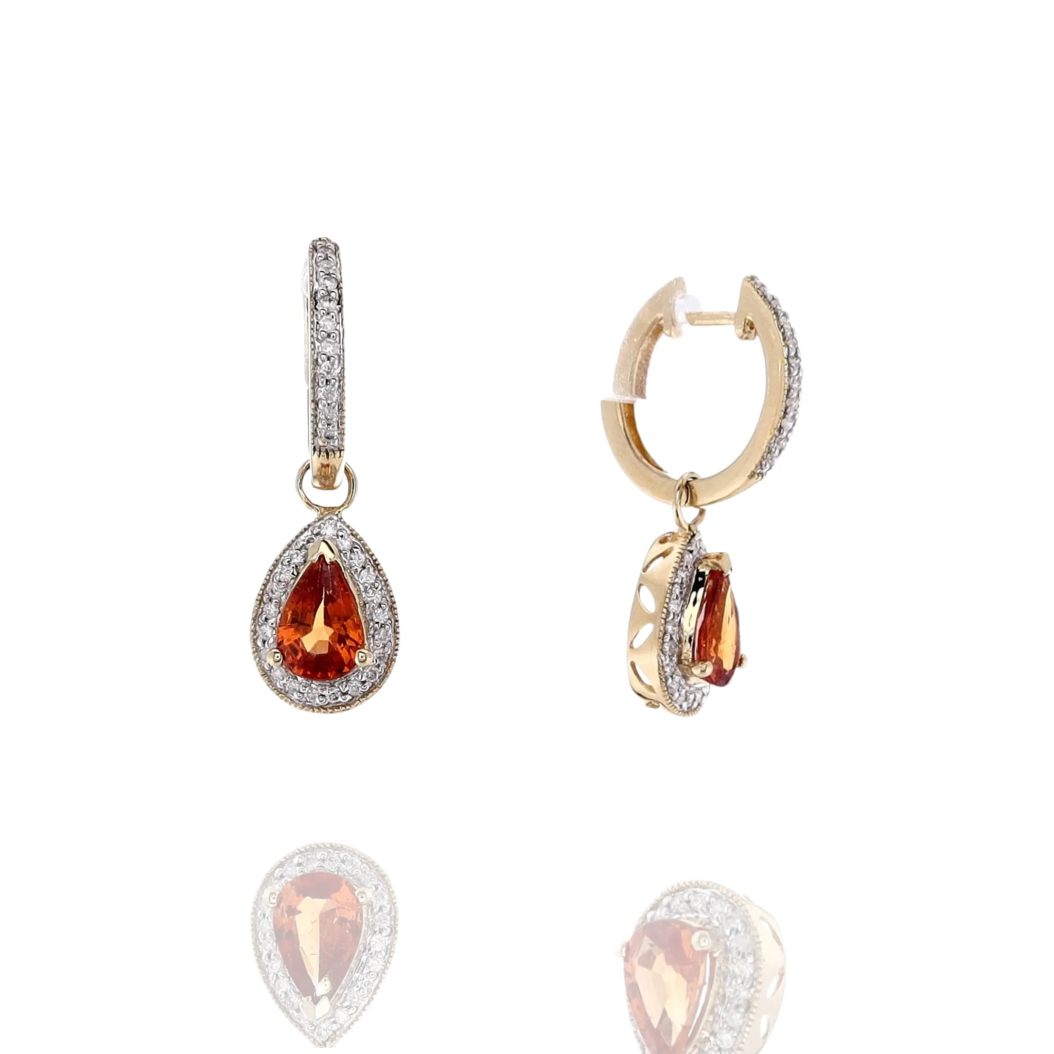 Estate 14k Yellow Gold Orange Garnet and Diamond Dangle Hoop Earrings