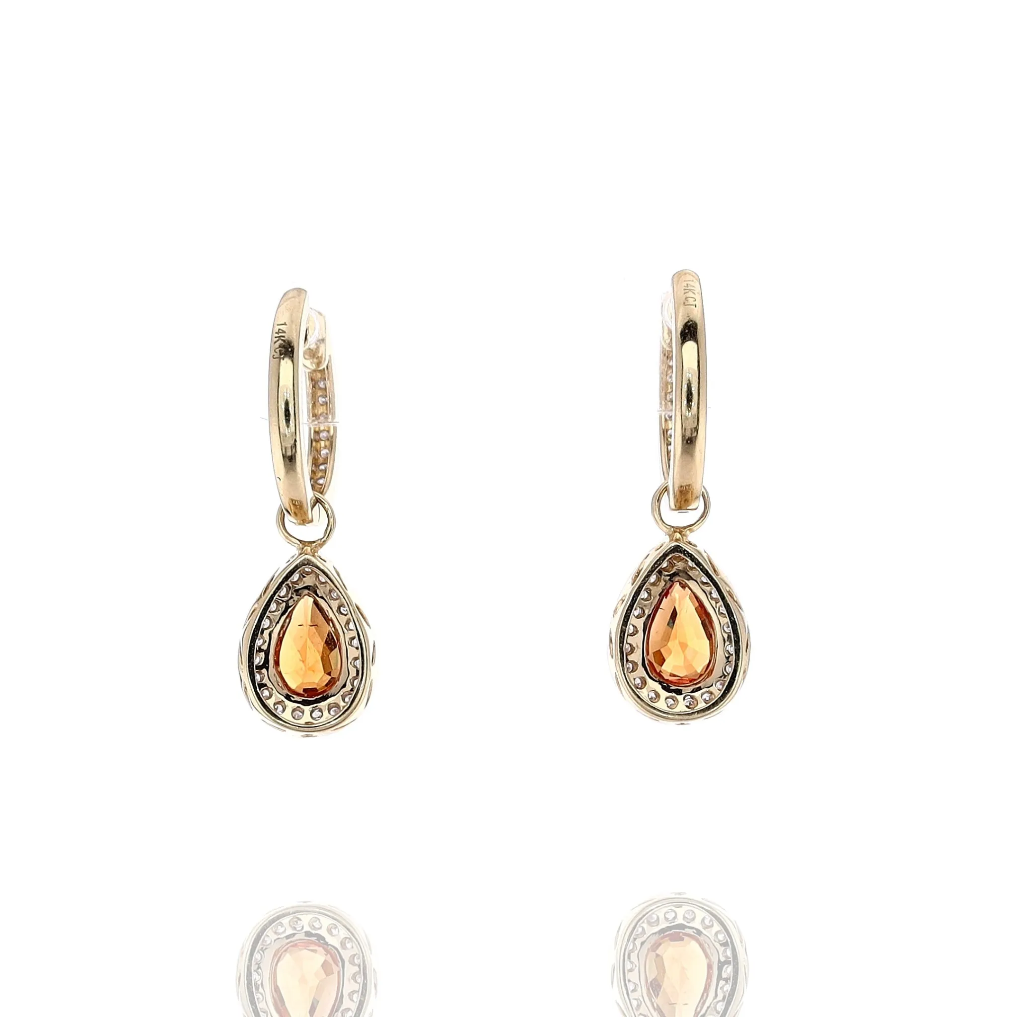Estate 14k Yellow Gold Orange Garnet and Diamond Dangle Hoop Earrings