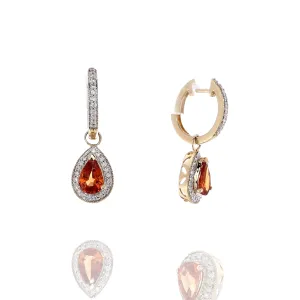 Estate 14k Yellow Gold Orange Garnet and Diamond Dangle Hoop Earrings