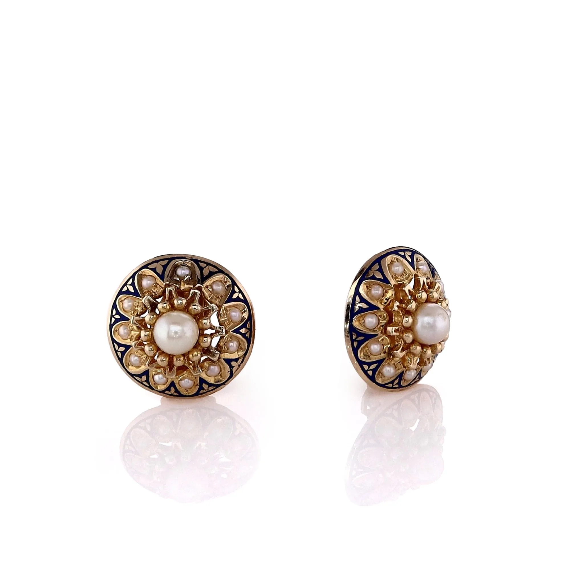 Estate 14k Yellow Gold Pearl and Blue Enamel Clip On Stud Earrings
