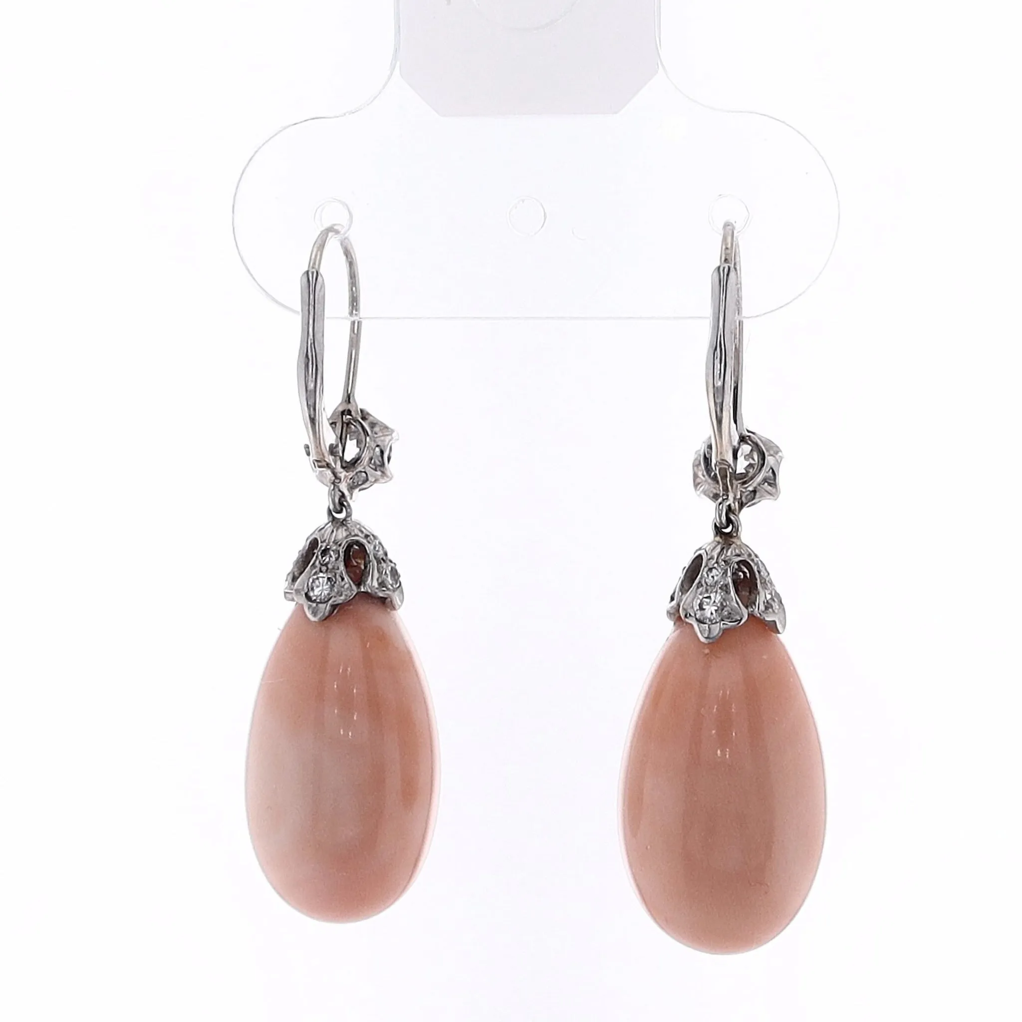 Estate 18 Karat White Gold Coral and Diamond Drop Earrings