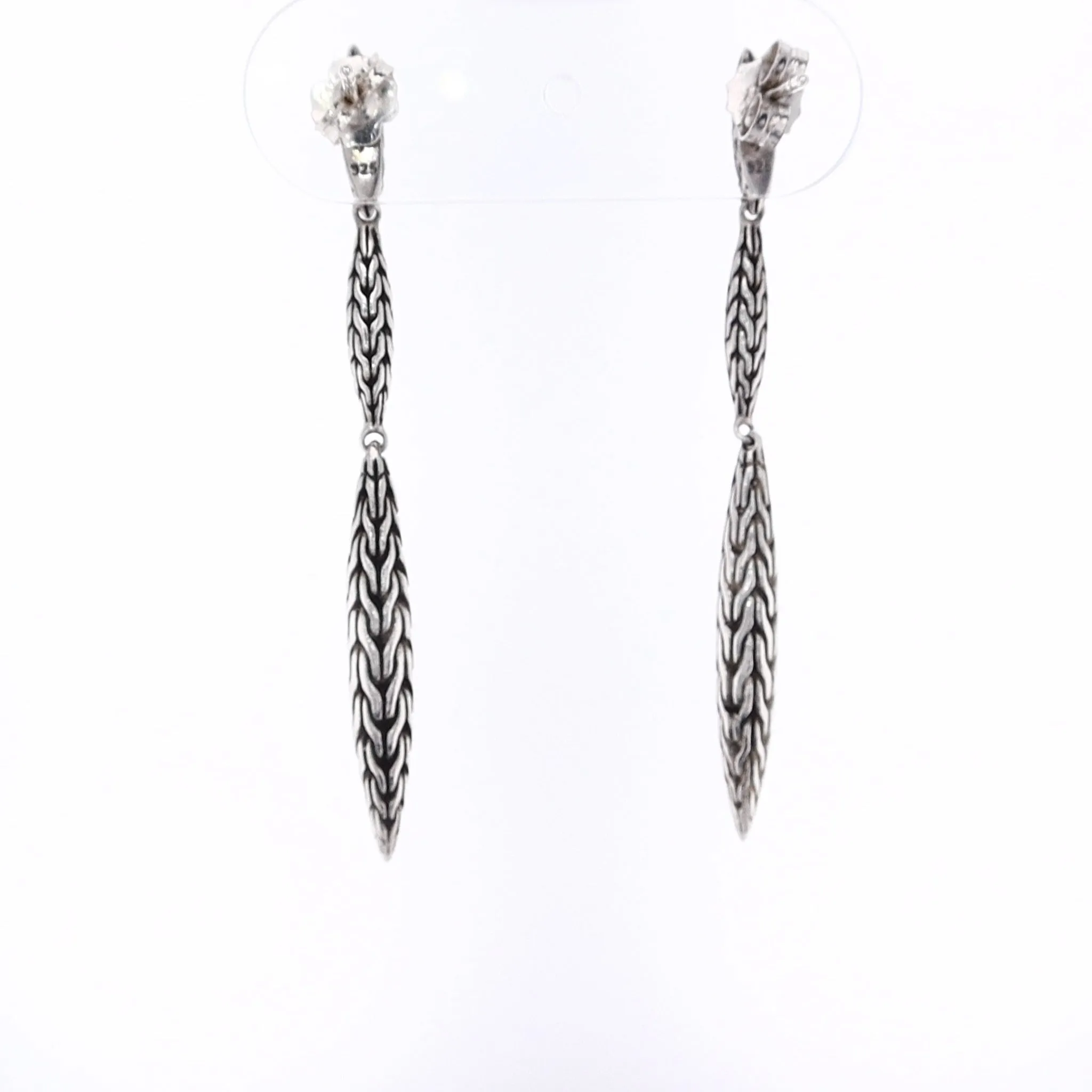 Estate John Hardy Sterling Silver Double Carved Chain Marquis Drop Earrings