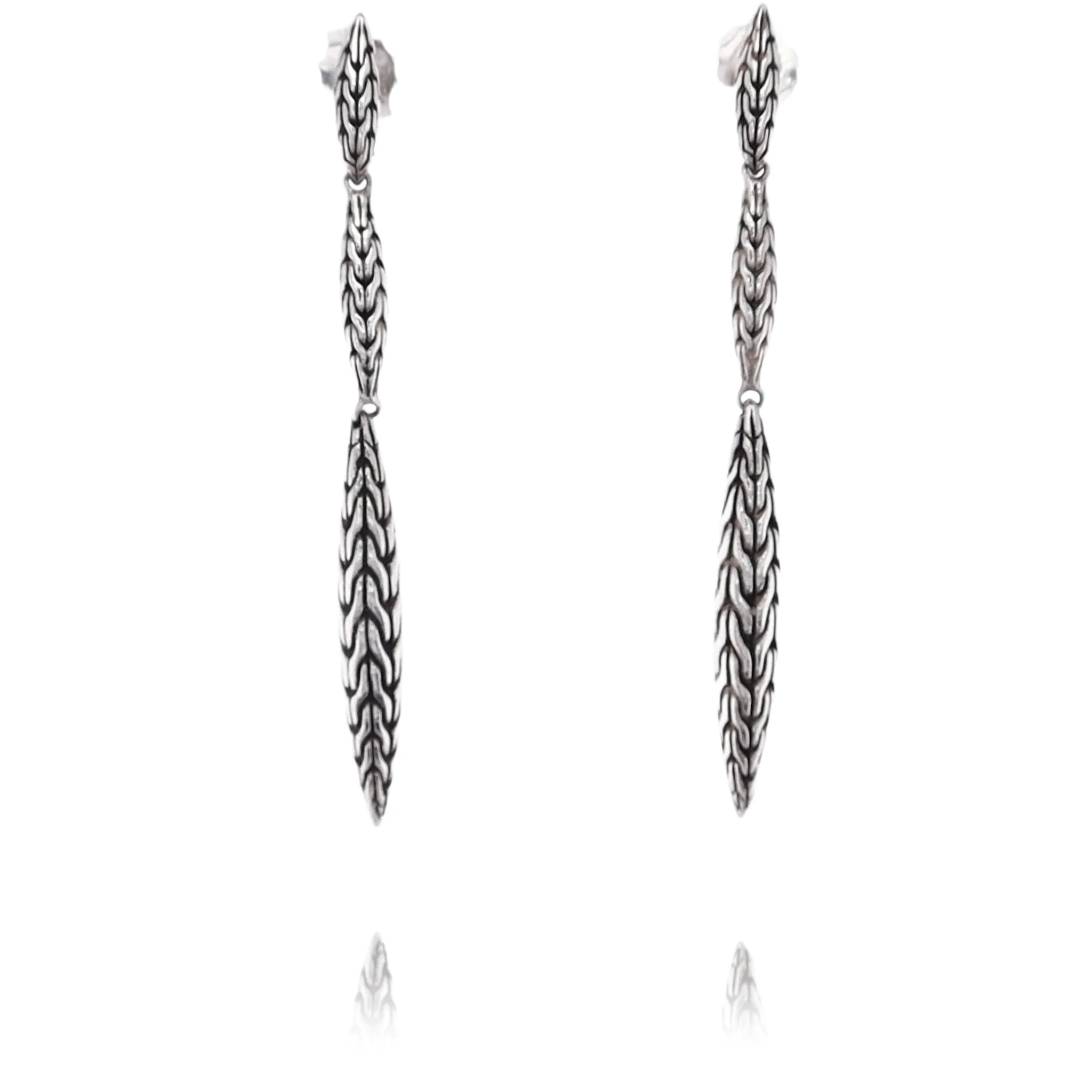 Estate John Hardy Sterling Silver Double Carved Chain Marquis Drop Earrings