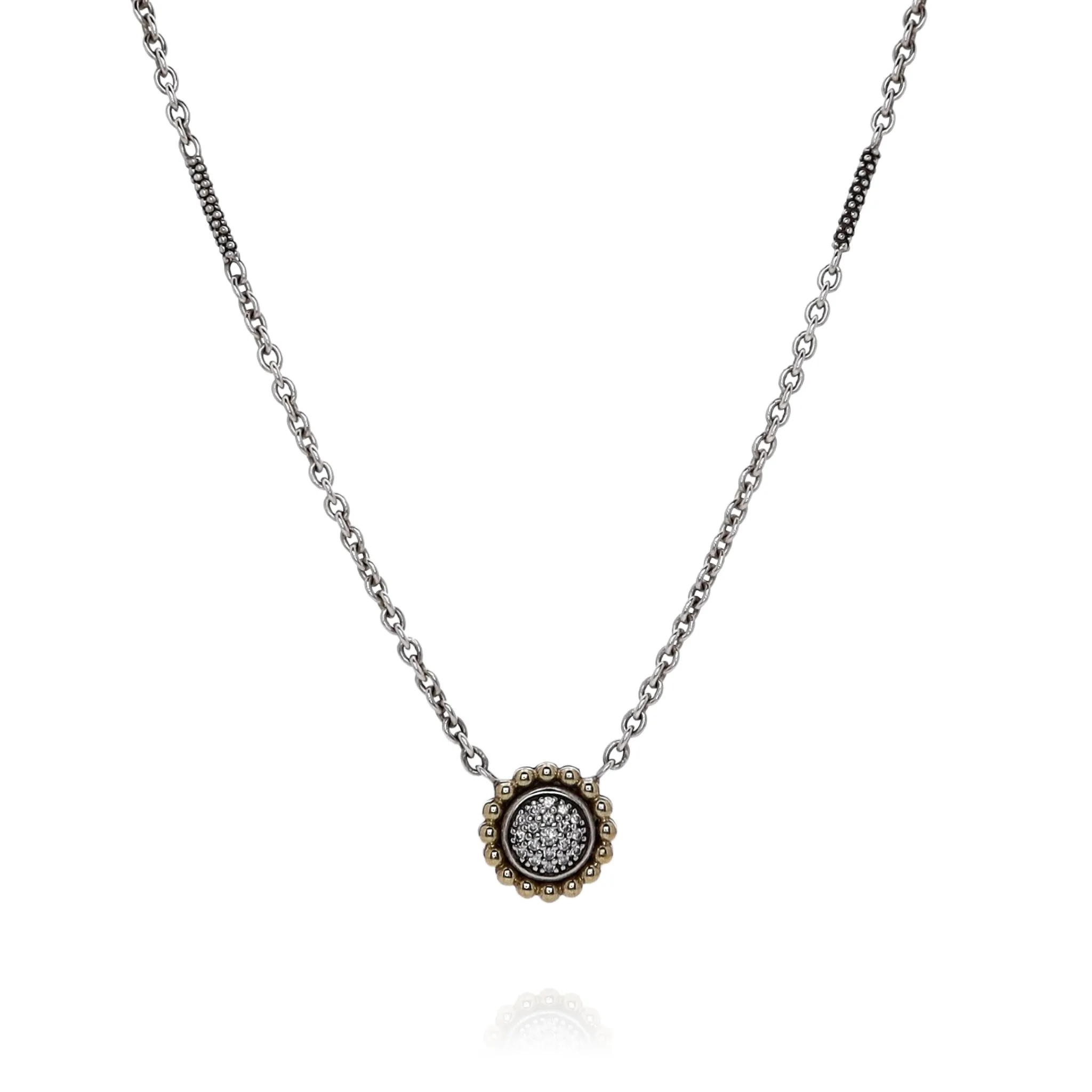 Estate Lagos Two-Tone Caviar Lux Beaded Border Diamond Pendant Necklace