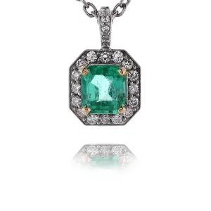 Estate Platinum 17" Emerald and Diamond Halo Pendant Necklace