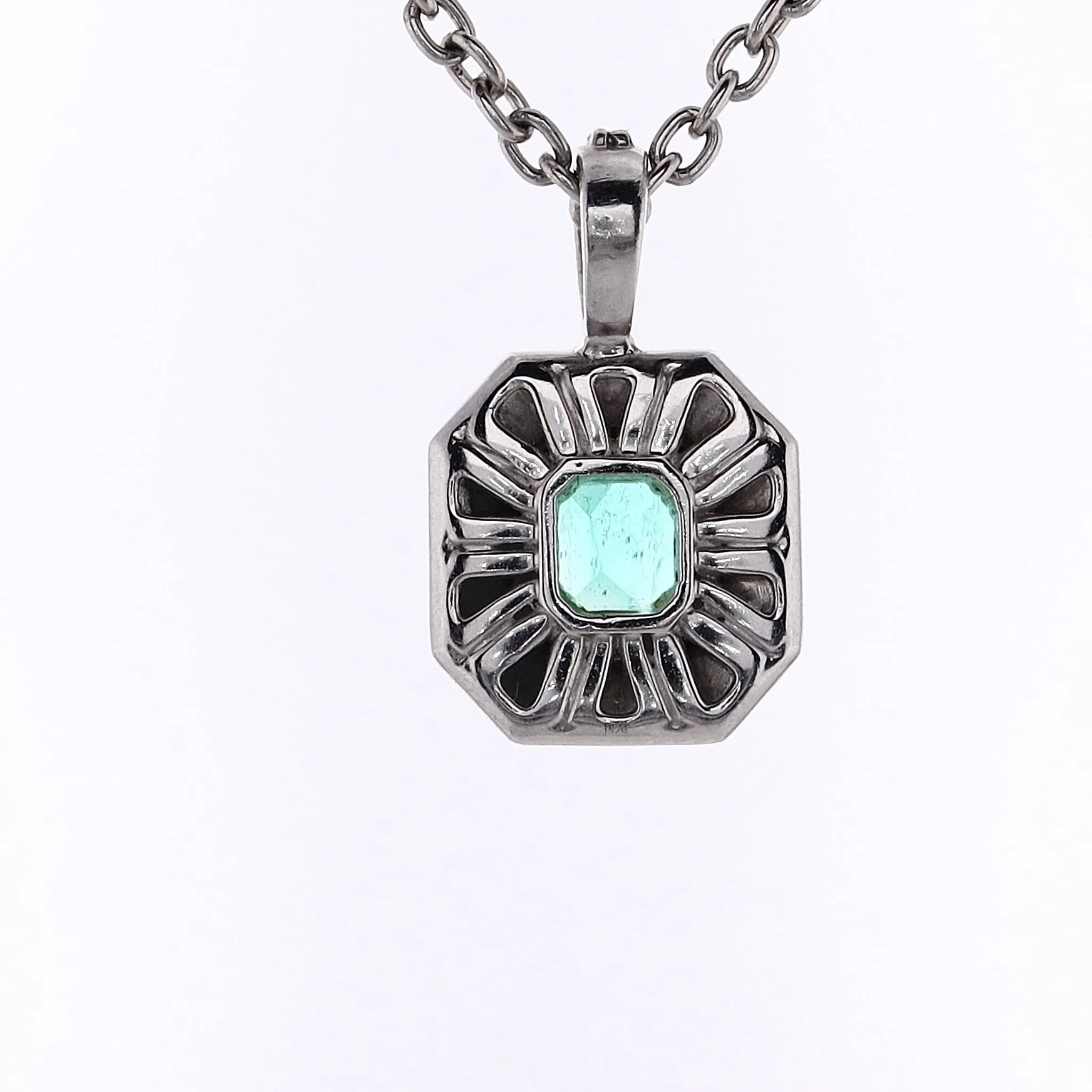 Estate Platinum 17" Emerald and Diamond Halo Pendant Necklace