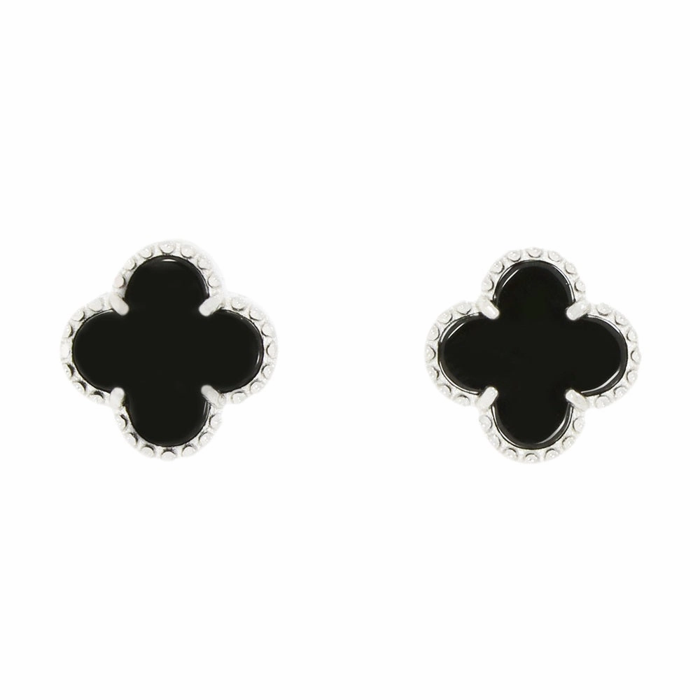 Four Leaf Clover Black Stone Stud Earrings GVL034